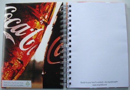Inside view of the recycled Coca-Cola poster notebook
